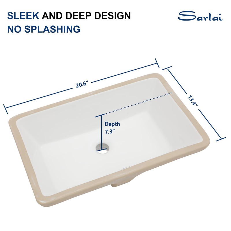 Sarlai Undermount Bathroom Sink - 21 x 13 inch Rectangular