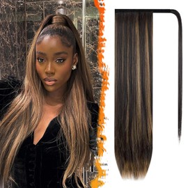 BARSDAR Ponytail Extension - 20 Inch Long Straight Wrap Around Ponytail for Women Clip in Ponytail Hair Extensions Synthetic Highlight Ponytails Hairpieces Daily- Dark Brown with Highlights
