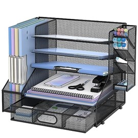 SUPEASY Organizador de escritorio con soporte para archivos, bandeja de papel de 5 niveles con malla y clasificador de archivos inclinado de 3 niveles