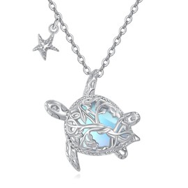 YAFEINI Sea Turtle Necklace 925 Sterling Silver Moonstone Tree of Life Pendant Necklace Birthday Turtle Jewellery Gifts for Women