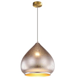 Jowjut Farmhouse Moroccan Pendant Light Fixture Metal Iron Vintage Hanging Light Kitchen Island Retro Ceiling Pendant lamp Loft Hollow Silver Design Adjustable Cord Pnedant Lighting