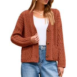Simplee Womens Chunky Crochet Cardigan Long Sleeve Loose Cable Knit Oversized Sweater Button Up Outerwear Coats(Small,Brown Red)