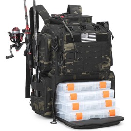 BISKLNDN Tactical Fishing Tackle Backpack with 4 Tackle Boxes, Rod Holders, Bottle Holder, 50L Large Storage Durable Fishing Bag Store Fishing Gear and Equipment, 900 D Oxford, Black Camo