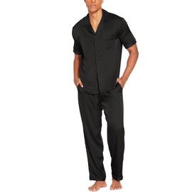 Ekouaer Men Satin Silk Pajamas Set 2 Piece Button Down Sleepwear Long Pants Loungewear with Pockets Black