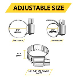 Hose Clamps Assortment Kit, 20Pcs 3/8"-5/8" (10-16mm) Adjustable Worm Gear Pipe Hose Clamps, Fuel Line Hose Clamps Heavy Duty for Plumbing, Automotive, Washing Machine, Mechanical