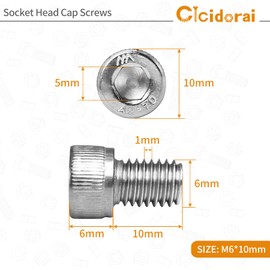 Cicidorai M6-1.0 x 10mm Socket Head Cap Screws Bolts, 304 Stainless Steel (A2-70), Allen Socket Drive, Bright Finish, Full Machine Threads, Quantity 25