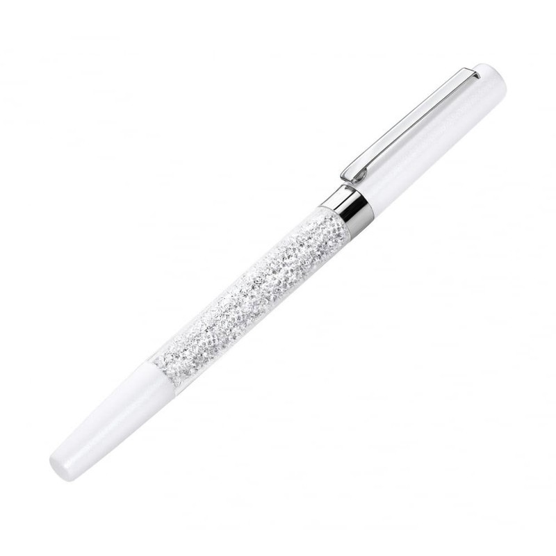 Quality Rollerball Pen with Crystals (White) Also Pen Pouch and