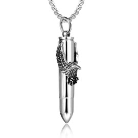 BIYONGDE Steel Vintage Flying Eagle Bullet Urn Ashes Keepsake Cremation Prayer Memorial Holder Locket Pendant Necklace (Silver Color)
