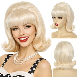 Detean Wigs for Women 60s 70s Retro Beehive Bouffant Bob Wig with Bangs Vintage Costume Wig for Halloween Party Cosplay Fun Wig (Blonde 613#)