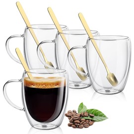 Goldmeet 4 Pack Double Wall Glass Coffee Cups and Cups with Handle Spoon, Heat Resistant, Dishwasher Safe, Cappuccino, Latte Macchiato, for Hot Drinks, Tea, Milk, Juice, Ice Cream