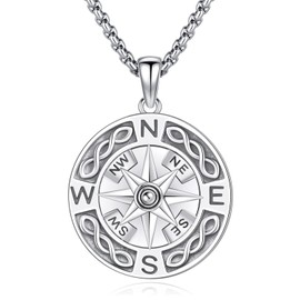 Eusense 925 Sterling Silver Compass Necklace Compass Pendant Chain Gifts for Father's Day Graduation Gift Jewellery for Men Women, Sterling Silver, No Gemstone