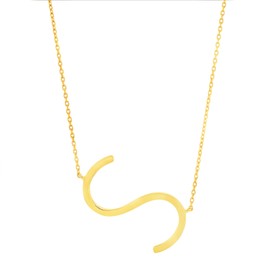 MAX + STONE 14k Gold Plated Sterling Silver Large Sideways Block Initial Letter S Necklace for Woman with 16 Inches to 18 Inches Adjustable Chain and Spring Ring Clasp