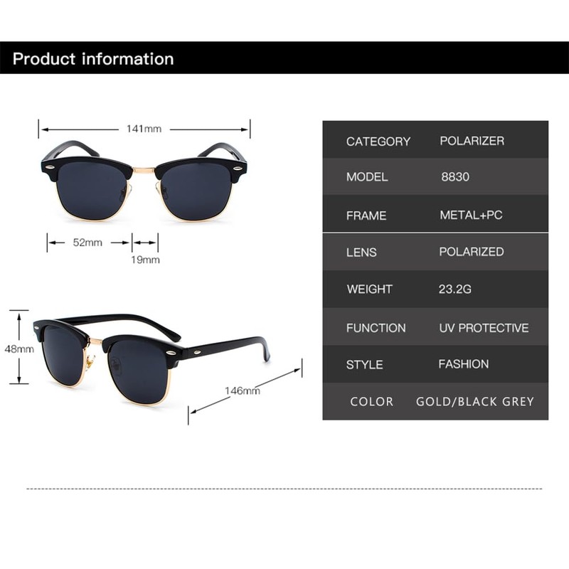 EJDHA Retro Half Frame Sunglasses Black Gold UV Protection Mirrored