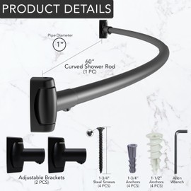Westbrass CSR60-MB 60" x 1" Stainless Steel Curved Shower Curtain Rod with Mounting Brackets, Matte Black