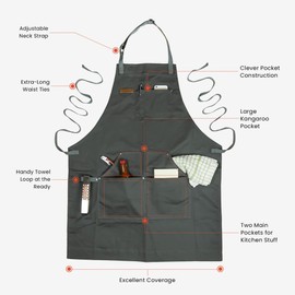 Chef Pomodoro Chef Apron for Men and Women with Pockets - Top Chef Recommended - Kitchen Apron with Adjustable Neck Straps - 100% Cotton - Cooking Apron Designed for Home, BBQ, Grill Use (Stone Grey)