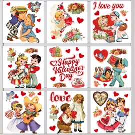 Chunnin 9 Sheets Vintage Valentine's Day Window Clings Decoration Vintage Window Stickers Retro Window Decals Double Sided Window Gel Clings for Happy Valentine's Day Home Glass Window Decor Supplies