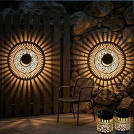 Veeydrut Solar Mandala Wall Lights, Waterproof Metal Outdoor Fence Decor Lights, Solar Landscape Lighting for Garden, Yard, Deck, Stairs, Patio and Backyard (2 Packs, Mandala)