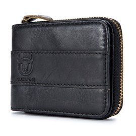 BULLCAPTAIN Mens Leather Wallet Zipper RFID Blocking Wallets Coins Purse (Black)