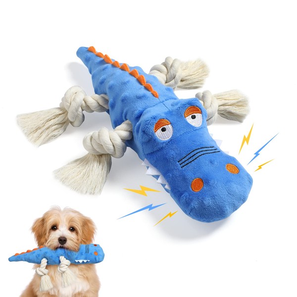 Pawaboo Squeaky Plush Ducks Dog Toy, Super Soft Crocodile Shape Dog Plush Toy, Cotton Rope for Pets, Biting Training, Chew Toy, Non-Toxic Plush Toy for Dogs, Blue
