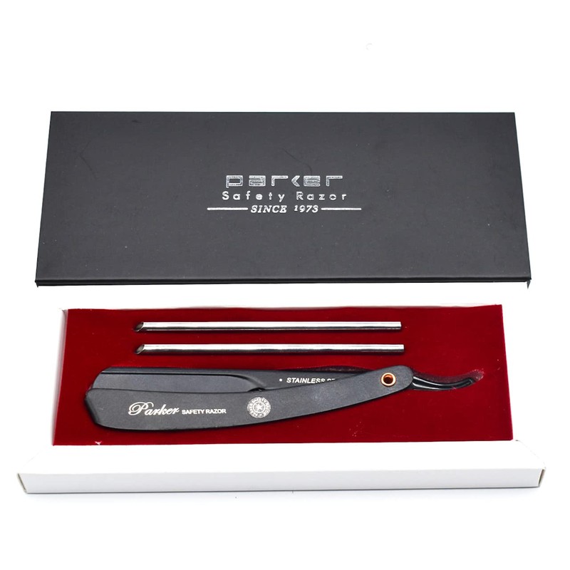 Parker PTABK Adjustable Stainless Black Handle Straight Barber Razor