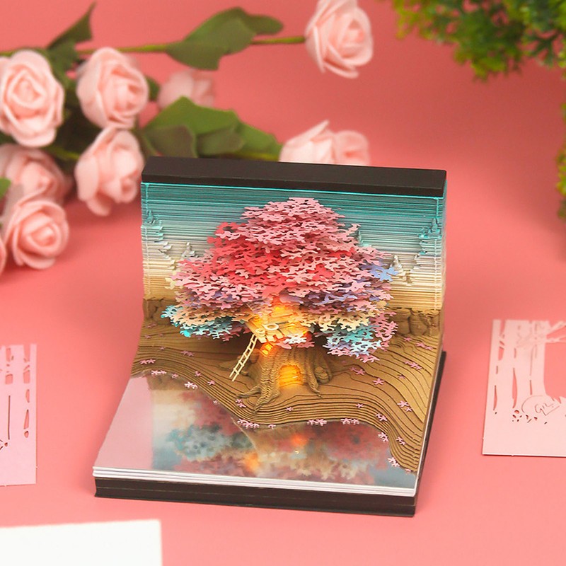 3D Memo Pad with Light Cute Sakura Tree House Decor