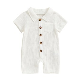 Honganda Summer Baby Boy Cotton Linen Jumpsuit Short Sleeve Button Down Playsuit Romper One Piece Outfit 0-24M (White, 0-3 Months)