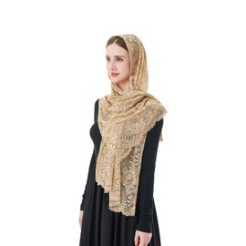 Wgior Elegant Floral Catholic Church Veil, Soft Mantilla Chapel Prayer Scarf Wrap Shawl Headscarf (Beige)