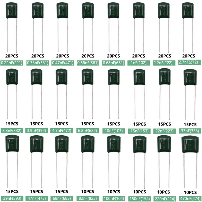 Tnisesm 375 Pcs 24 Value Metalized Mylar Polyester Film Capacitors