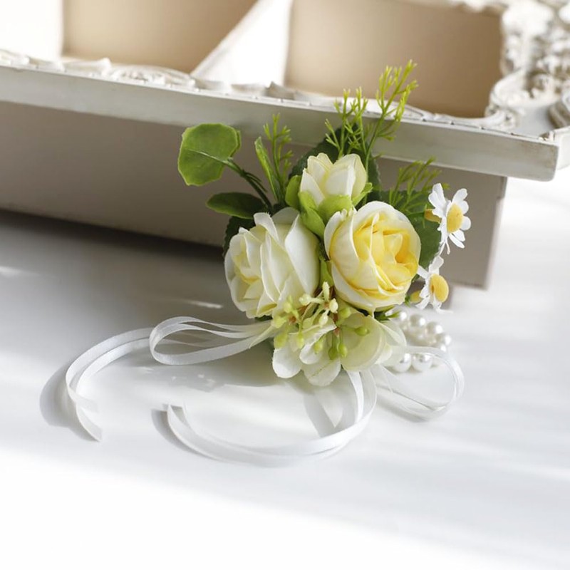 MAFELOE Artificial Corsage Boutonniere, Light Yellow+Champagne, 2 Pieces