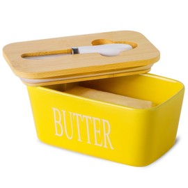 Butter Dish with Lid for Countertop, Hasense Large Ceramic Butter Container Keeper Holder with Cover and Knife for Fridge, Airtight Butter Stoage Box for Homemade Butter and Home Kitchen Decor, Yellow