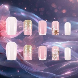 Brown Flower Press on Nails 24Pcs Glossy Gold Glitter Acrylic Fake Nail French Tips Short Square False Nails Curve Line Gel Glue on Nail Polka Dots Stick on Fingernails for Coquette Women Girls