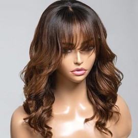 oulaer 1b30 Ombre Brown Layered Cut Wavy Human Hair Wig With Bangs 13X4 HD Invisible Lace Front Wig Pre Plucked For Women Glueless Wig Brazilian Remy Hair With Baby Hair 150% Density 16Inch