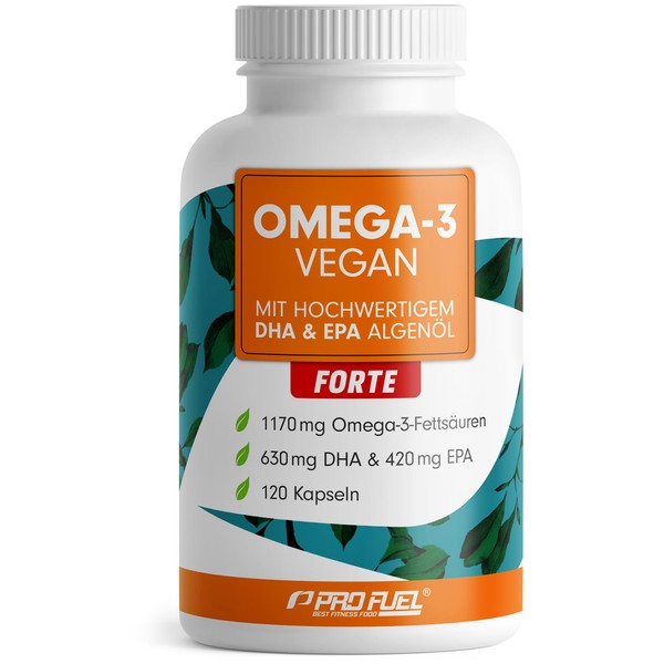 Omega-3 Vegan Forte - 120 Capsules - 2000 mg Algae Oil per Day - High Dose with 630 mg DHA + 420 mg EPA - Vegan Omega-3 Algae Oil Capsules - DHA:EPA Ratio 3:2 - Laboratory Tested with Analysis