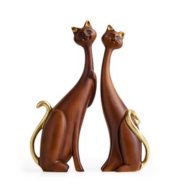 Octdays 2 Pcs Cat Statues Cat Couple Sculptures Set Modern Resin Figurines for Home Decor Living Room Bookshelf Office Desk Decoration Gifts for Cat Lover (Wood Grain)