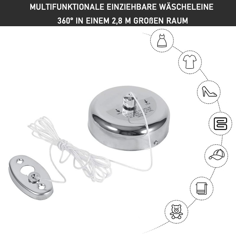 Retractable Washing Line, 304 Stainless Steel, Retractable Clothesline, 2.8 m