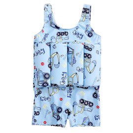 Kids Boys Girl One Piece Floatation Swimsuit with Adjustable Buoyancy Sticks Toddler Floating Swimsuit Baby Float Suit Swim Vest Swimwear Life Jacket Summer Bathing Suit Blue Excavator 2-3 Years
