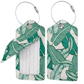 Tropical Hawaii Leaf Luggage Tags Set of 2 Leather Luggage Tags Privacy Cover Suitcase Label with Stainless Steel Loop for Women Men Travel
