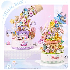 MEIEST Falls Building Blocks Rotating Music Box Set,Candy Flower Bonsai Botanical Collection with Light,Home Decor (Candy)