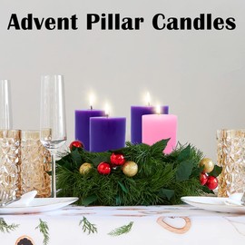 3×3 Inch Advent Pillar Candles, 3 Purple and 1 Pink Seasonal Celebration Candles for Advent Wreath and Christmas Decorations, Long-Lasting Slow-Burning Dripless Candles
