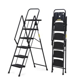 5-Step Folding Step Stool Ladder with Tool Tray, Wide Non-Slip Pedals, Sturdy Steel Frame, Convenient Handrails, Lightweight & Portable for Indoor & Outdoor Use