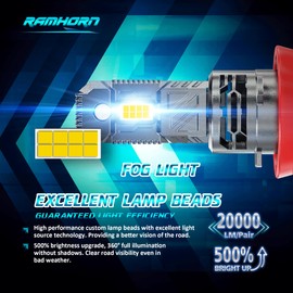 RAMHORN 9005 H11 Bulbs, HB3+H8/H9 500% Brightness Upgraded Design 6500K Cool White Plug-N-Play Fog Light, Pack of 4