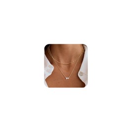 SUFOPE Diamond Necklaces for Women 14K Gold Plated CZ Pendant Necklace Small Square Cubic Zirconia Choker Dainty Sparkling Gold Layered Necklace Jewelry for Gift
