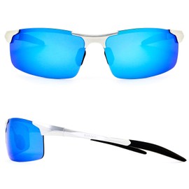 RONSOU Mens Sunglasses Polarized Sport UV Protection Ultralight Al Mg Sunglasses for Men Fishing Driving Golf Silver Frame Blue Lens