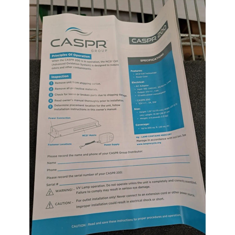 Caspr New, Caspr, 200E, Elevator Air Purification Unit with AC