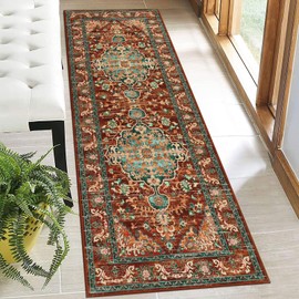 U'Artlines Boho Hallway Runner Rug 2'x6' Vintage Farmhouse Laundry Rug Runner Accent Area Rug Carpet Non Slip Soft Washable Kitchen Rug Entryway Runner Mat Throw Rug for Living Room (Rust＆Teal)