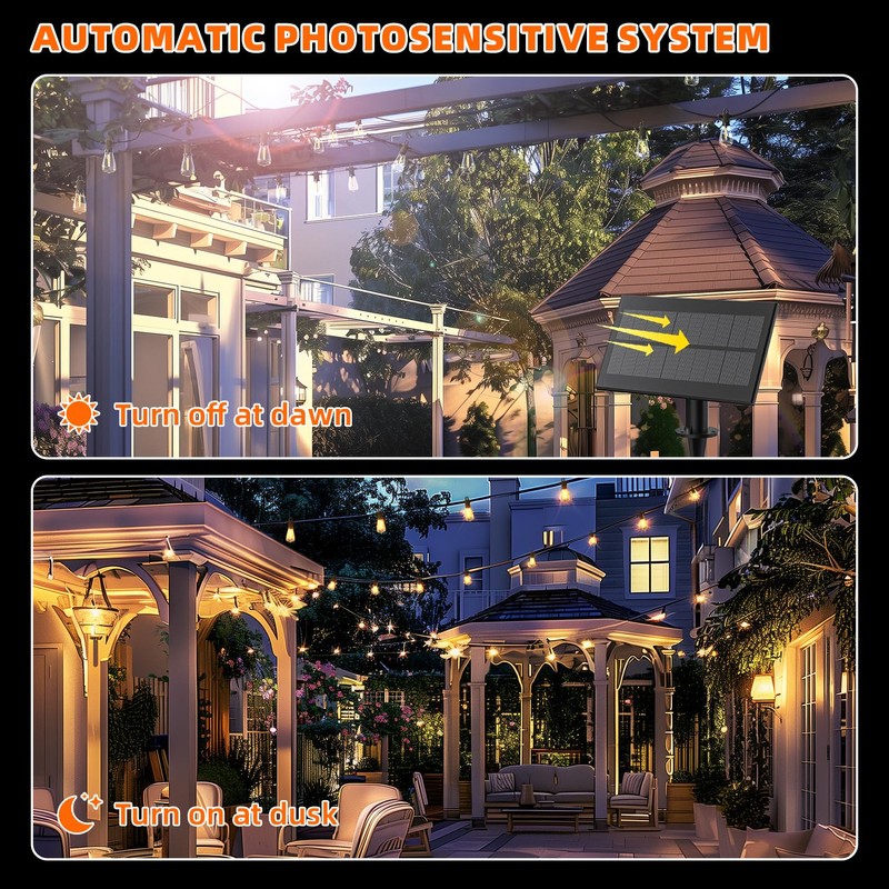 Kawaya Solar-Powered String Lights Outdoor, 100 FT LED USB-Charging Patio