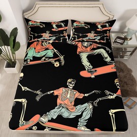 Skateboard Fitted Sheet Sugar Skull Sheet Set Hip Hop Style Bedding Set For Kids Teen Boys Skateboarding Actions Hippie Bed Cover With 1 Pillow Case Twin Size Orange Black Child Room Decor