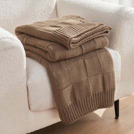 CozeCube Check Knit Throw Blanket, Light Brown Checkered Throw for Couch, Decorative Christmas Soft Cozy Warm Knitted Blanket for Bed Sofa Living Room, 60"X80"