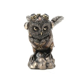 Bronze Finished Steampunk Fantasy Aviator Flying Ace Owl Statue Hand Painted Accents