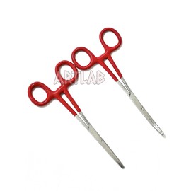German Vinyl Grip Locking Straight & Curved Hemostat -Hemostat Forceps- Stainless Steel Locking Tweezer Clamps - Ideal Hemostats for Nurses, Fishing Forceps, Crafts and Hobby (RED STR+CVD 6.25")